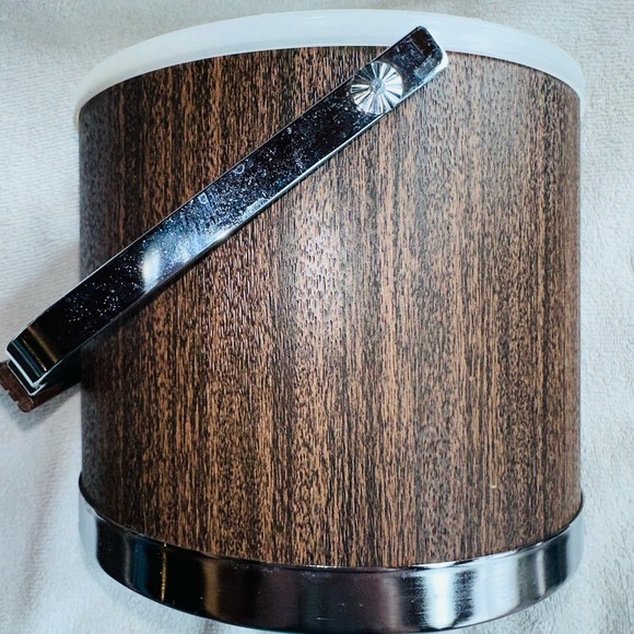 Vintage Atapco MCM Faux Wood Grain Vinyl Chrome Ice Bucket Mid Century USA - Picture 8 of 10